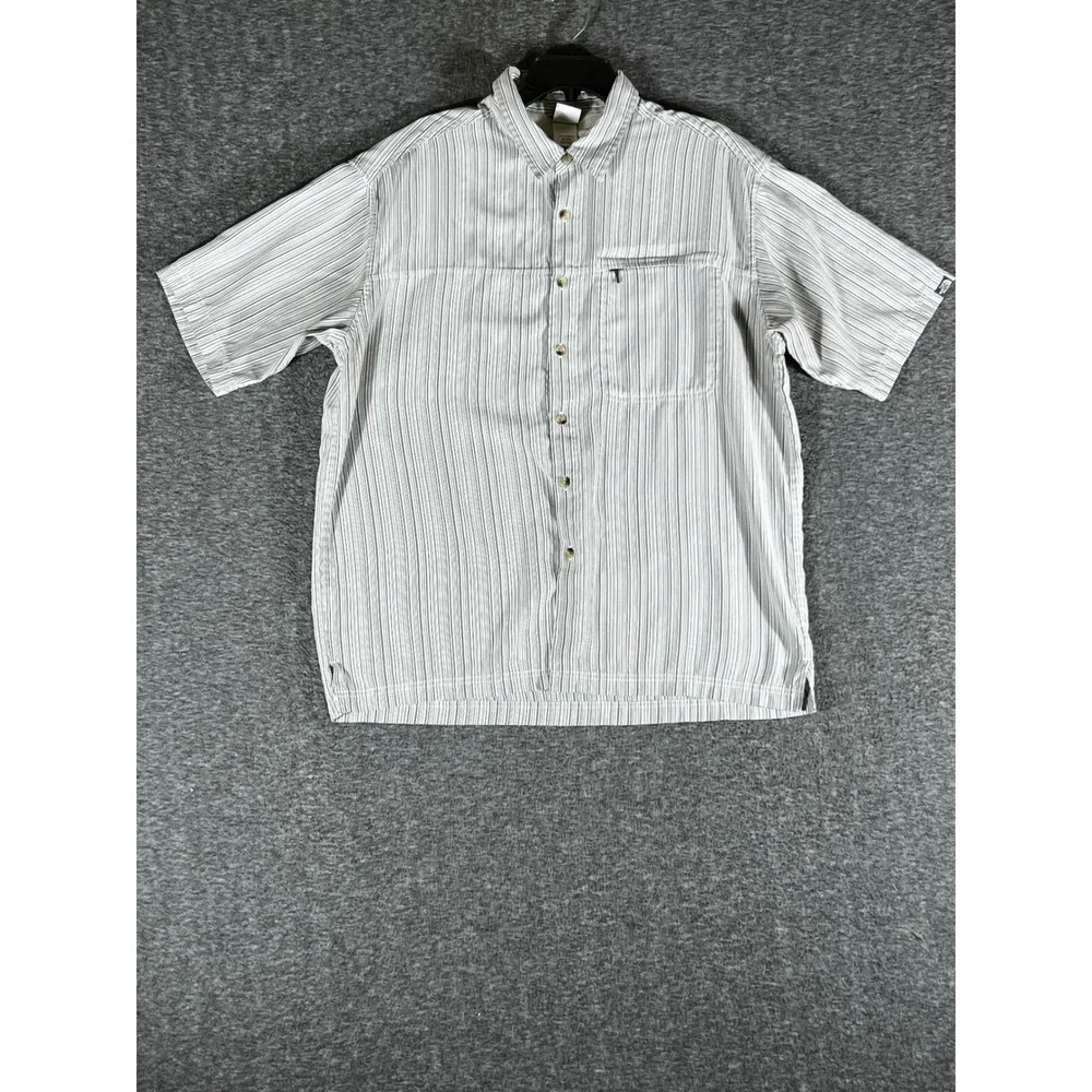 The North Face Mens XL Striped Short Sleeve Button Down Shirt Grey White Modal